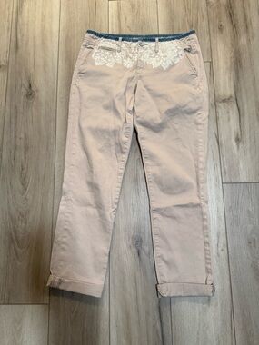 Pilcro Hyphen Anthropologie Lace Waist Chino Pants Beige Cropped Boho Size 27